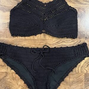 Black Crochet Bikini Set Handmade Boho Festival Swim Top Bottoms Large